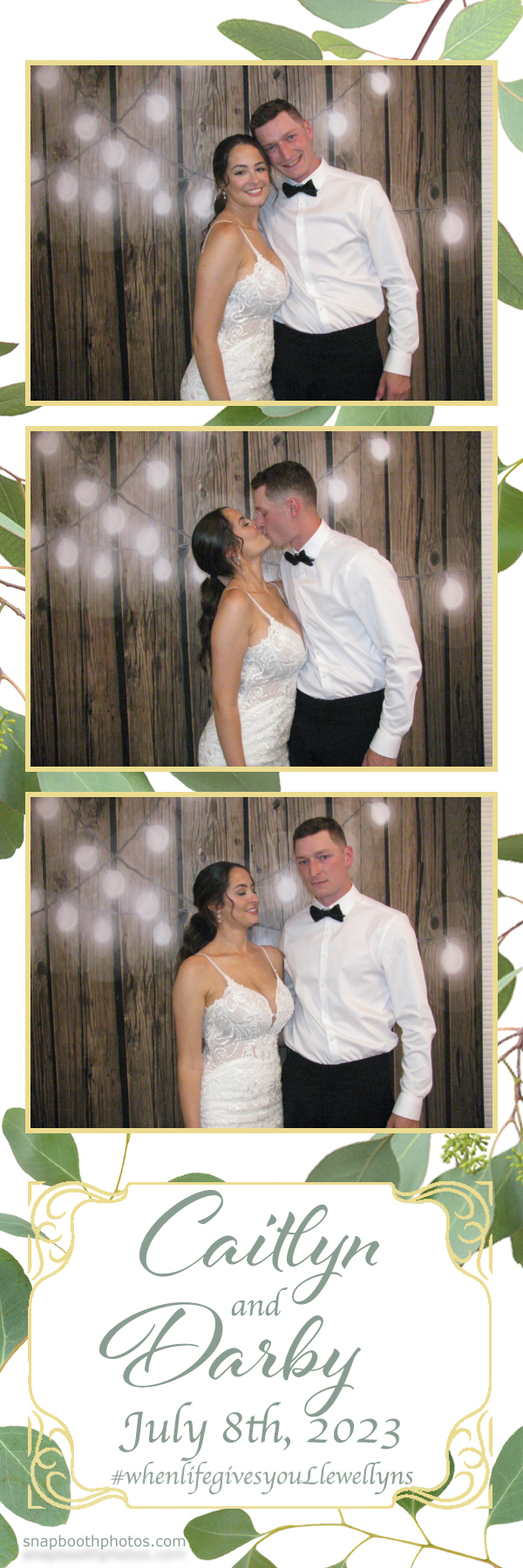Bride and groom smiling together at a wedding photo booth rental